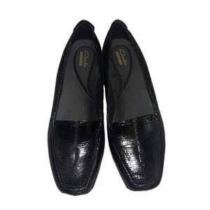 BNWT Clark’s Hayden Gloss Black Lizard Leather Slip On Shoe Size 8W